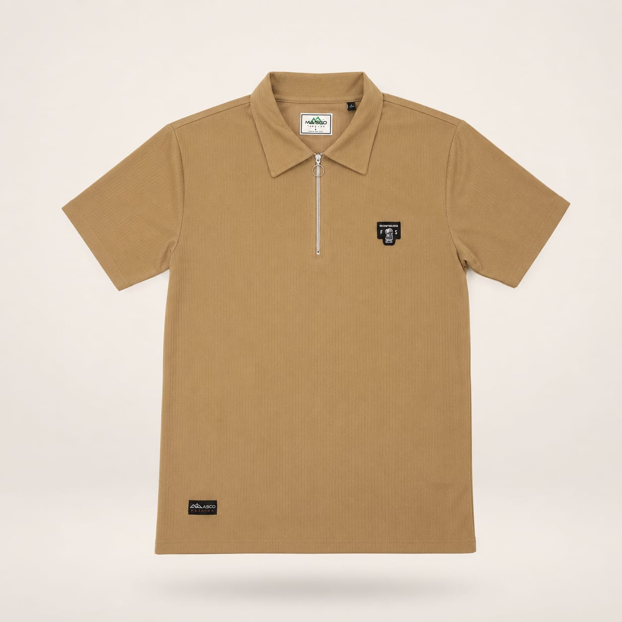 Premium Zip Polo T-Shirt | Ribbed Cotton Casual Polo | Camel Beige