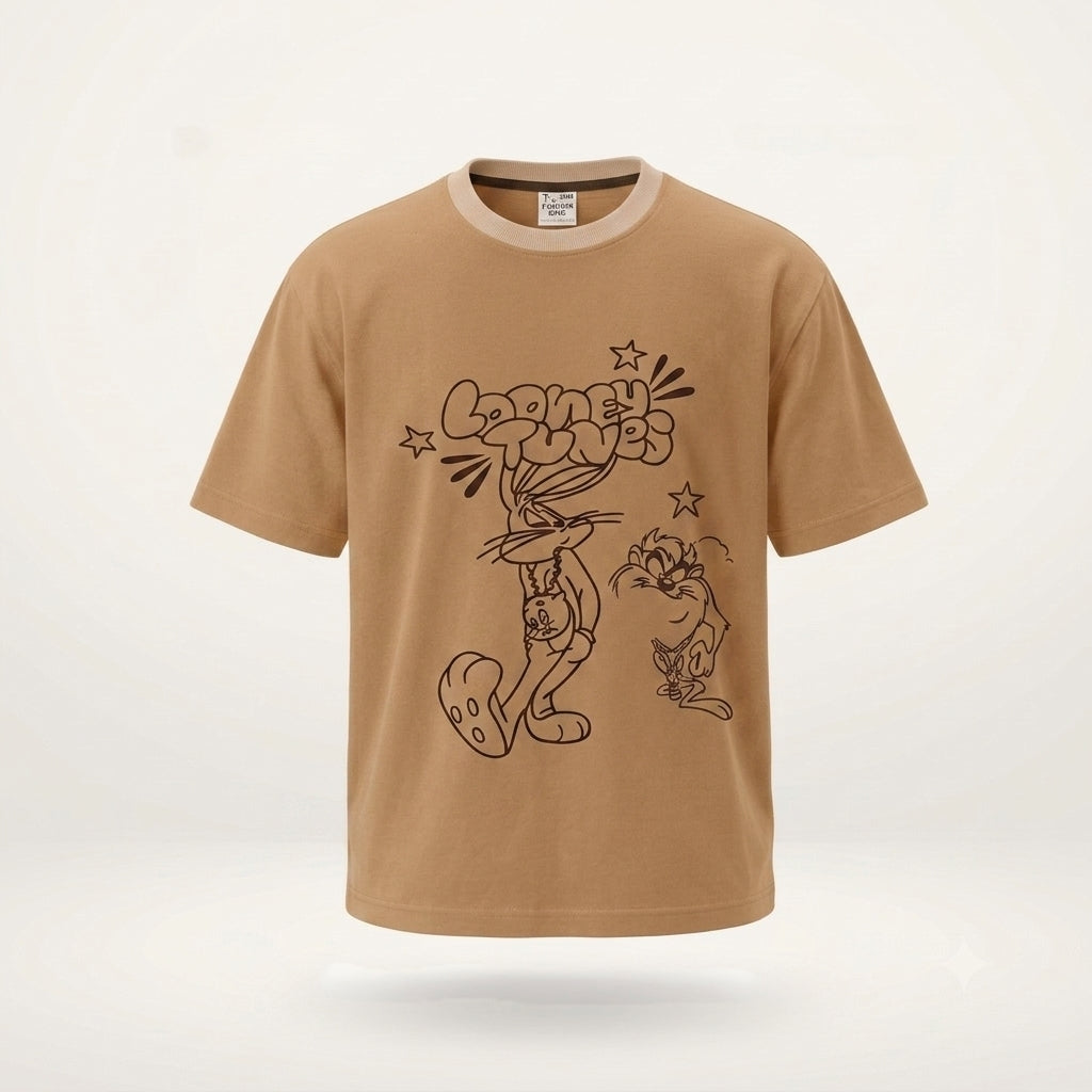 Sandstone Looney Tunes Oversized Tee — Bugs Bunny & Taz Line Art