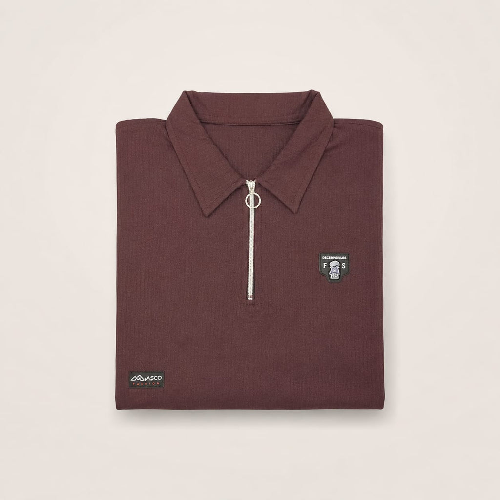 Premium Ribbed Zip Polo Tee – Deep Burgundy Edition