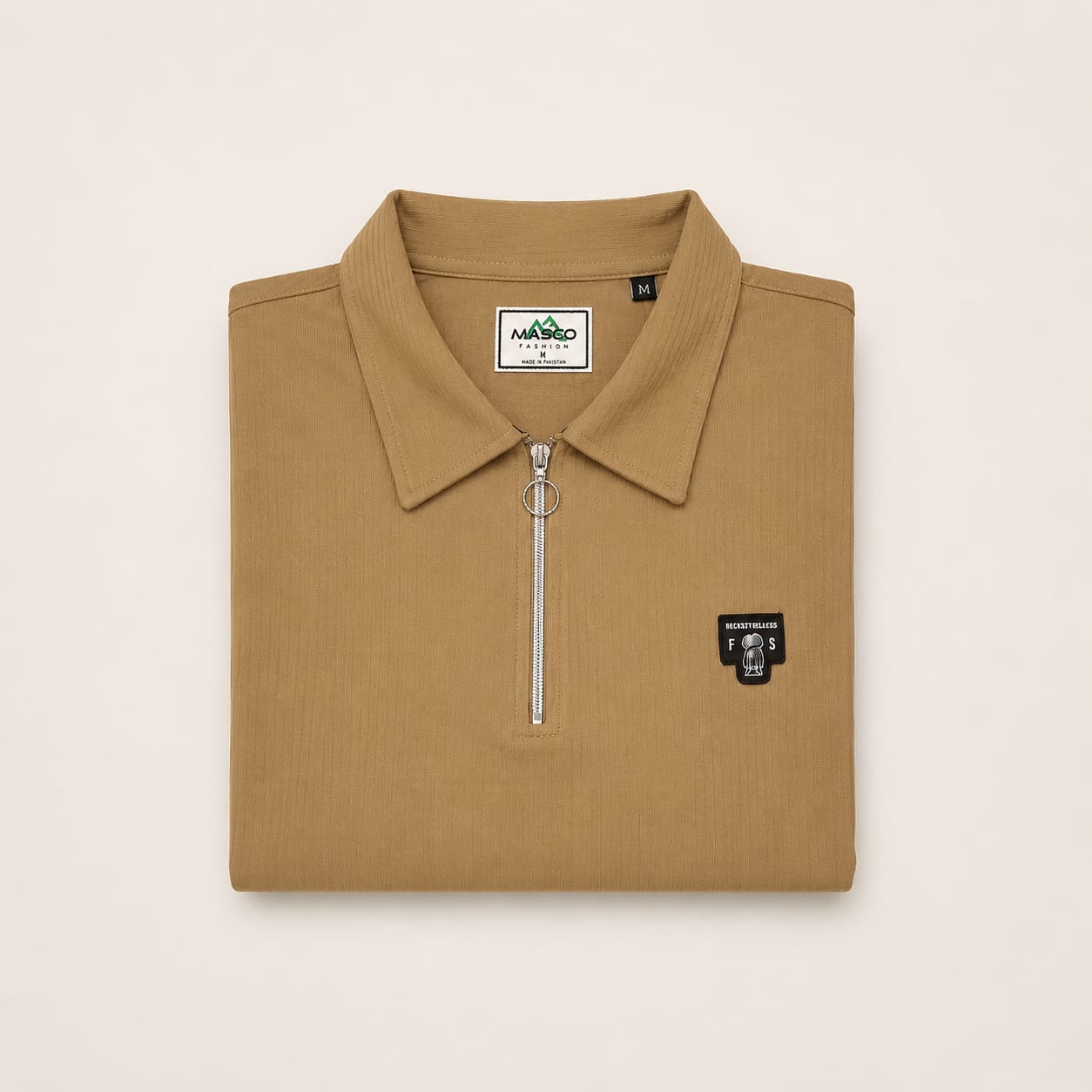 Premium Zip Polo T-Shirt | Ribbed Cotton Casual Polo | Camel Beige