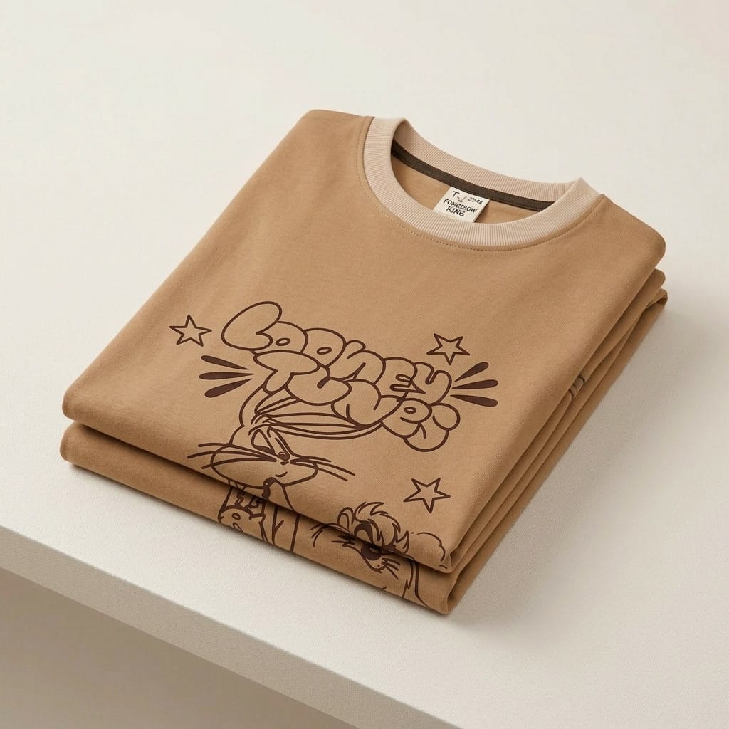 Sandstone Looney Tunes Oversized Tee — Bugs Bunny & Taz Line Art
