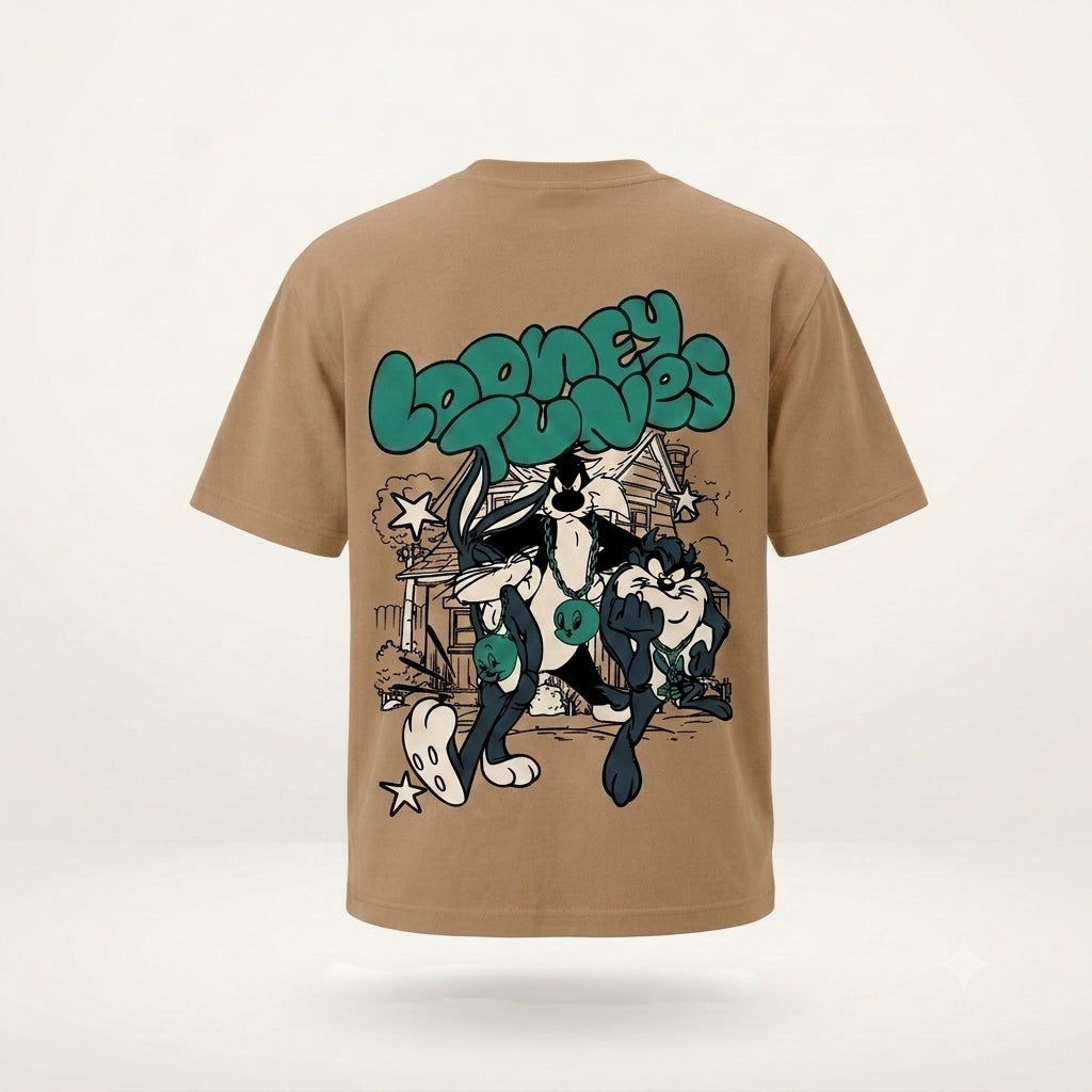 Sandstone Looney Tunes Oversized Tee — Bugs Bunny & Taz Line Art