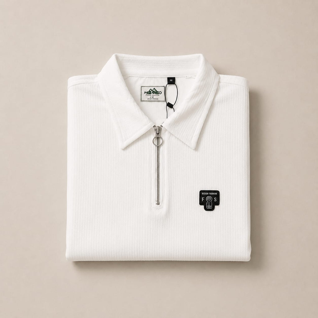 Arctic White Ribbed Zip-Collar Polo Tee – Premium Minimalist Everyday Essential