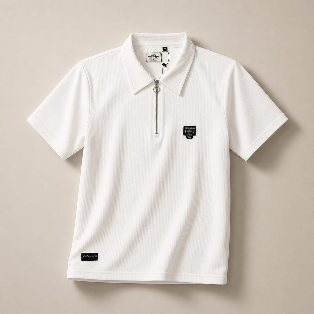Arctic White Ribbed Zip-Collar Polo Tee – Premium Minimalist Everyday Essential