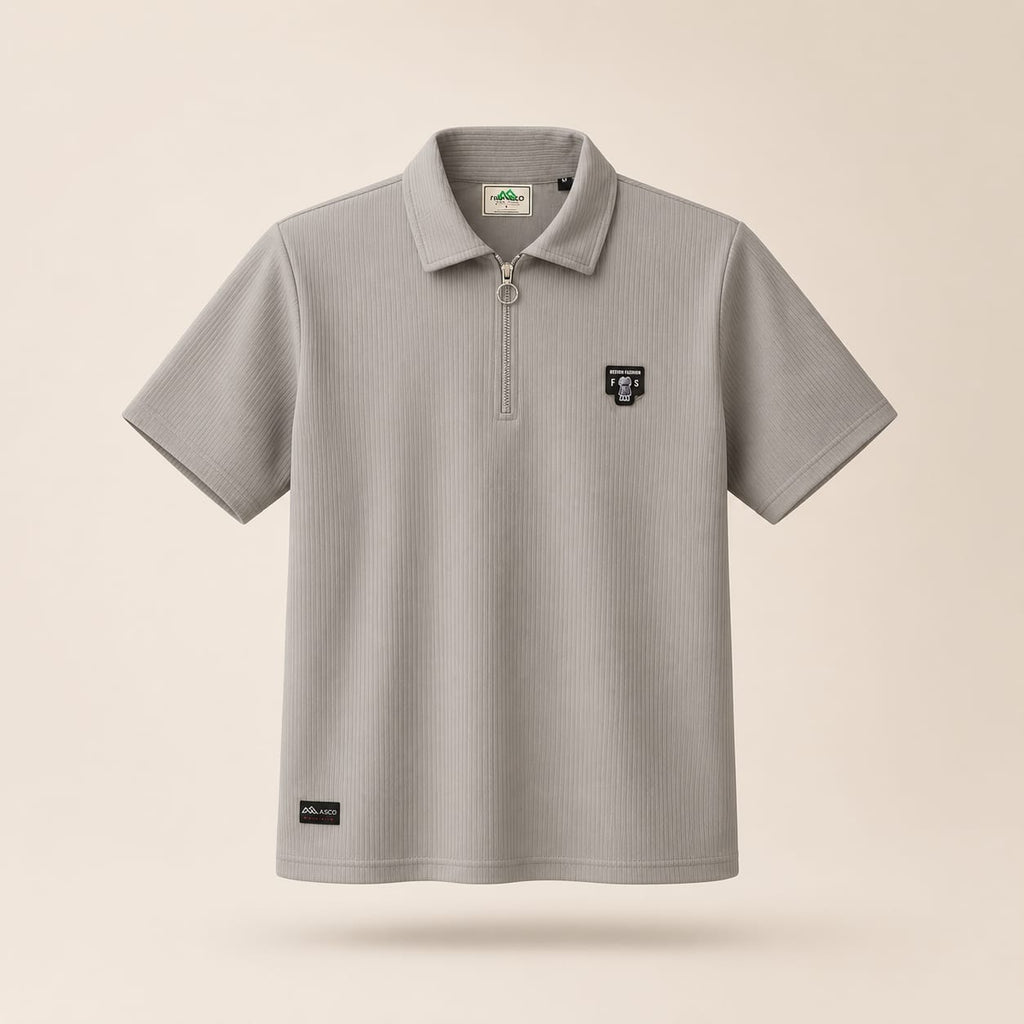 Urban Frost Ribbed Zip Polo Tee – Premium Textured Comfort