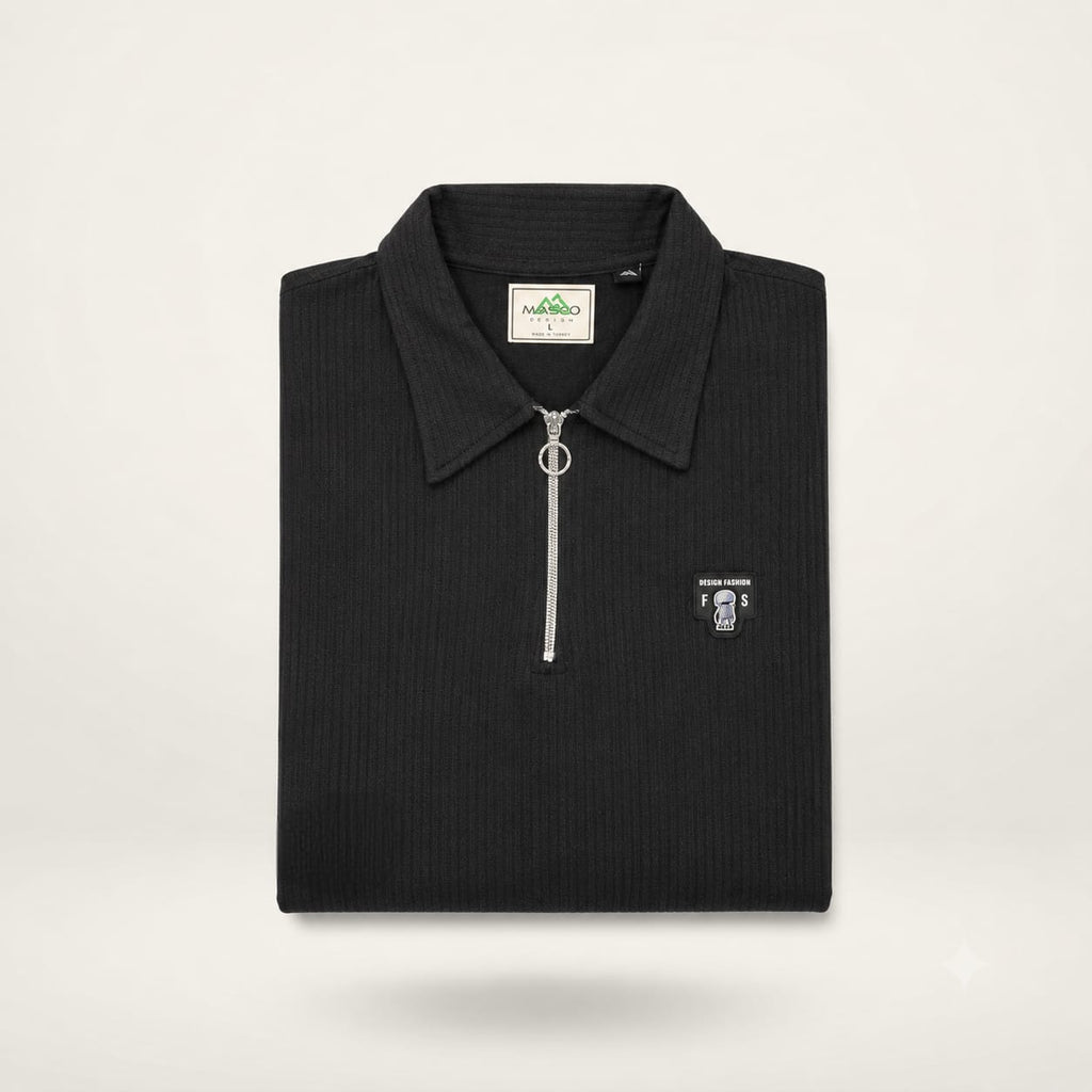 Midnight Noir Ribbed Zip Polo Tee – Premium Textured Essential
