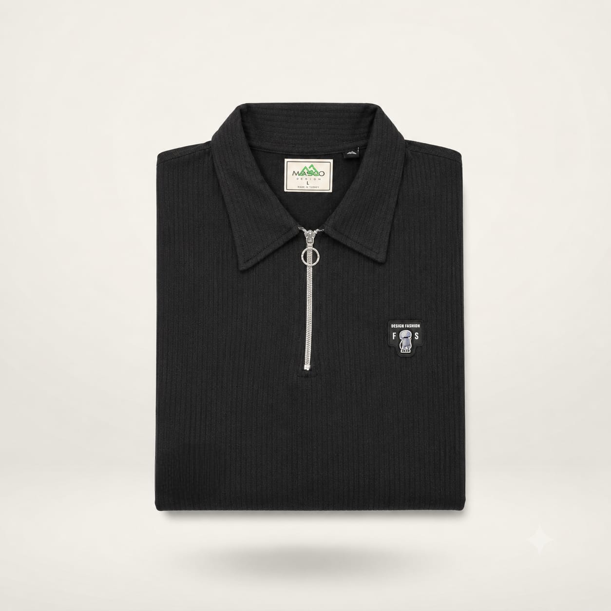 Midnight Noir Ribbed Zip Polo Tee – Premium Textured Essential
