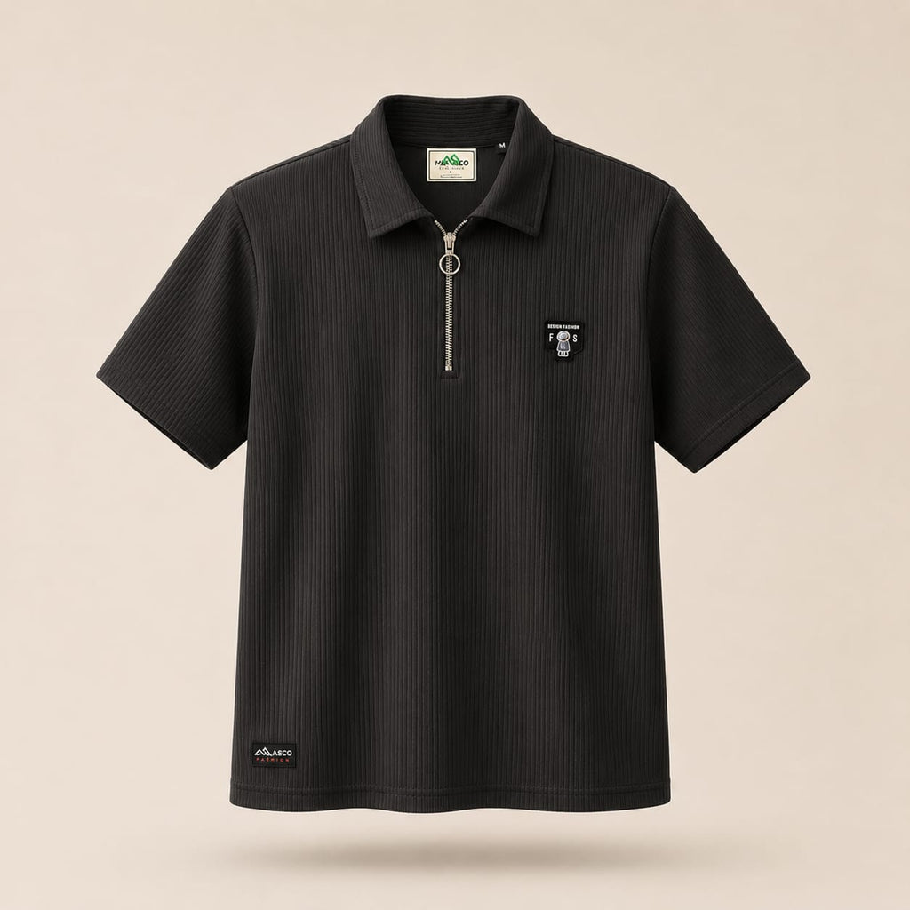 Midnight Noir Ribbed Zip Polo Tee – Premium Textured Essential