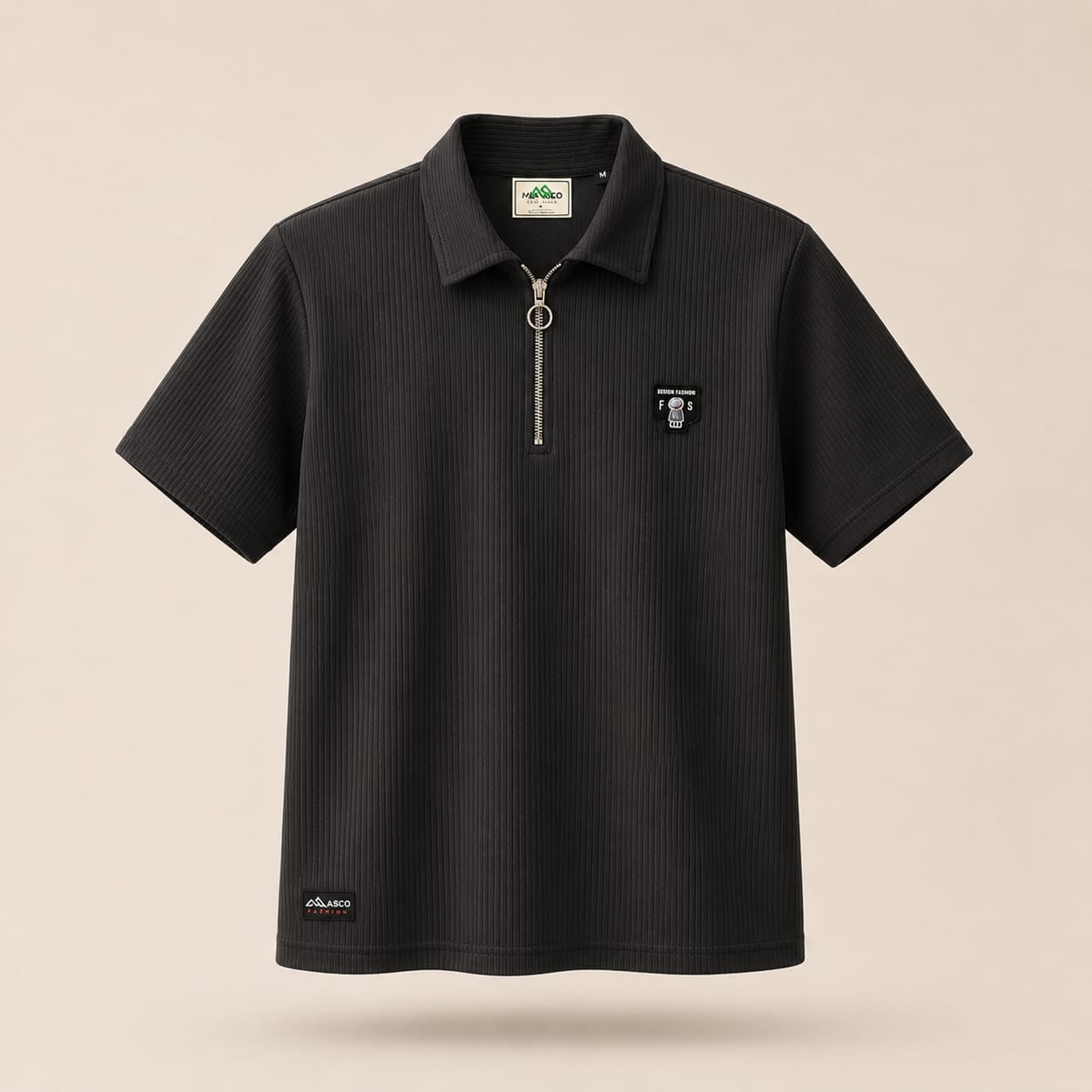 Midnight Noir Ribbed Zip Polo Tee – Premium Textured Essential